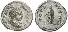 RÖMER RÖMISCHE KAISERZEIT Elagabal, 218 - 222 n. Chr. Denar (2,81g). Mzst. Antiochia. Vs.: IMP ANTO-NINVS AVG, drapierte Panzerbüste mit Lorbeerkranz n. r. Rs.: VOTA PVBLICA, Elagabal n.l. stehend opf