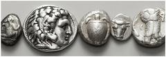 LOTS Griechische AR Tetradrachmen von Athen, (2) und Alexander III. (2). Ansonsten kleinere Nominale aus dem griechischen Mutterland, Makedonien und Thessalien. VERKAUFT WIE BESEHEN, KEINE RÜCKGABE / 