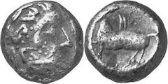 KELTEN MITTLERE UND UNTERE DONAU Nachahmungen der Tetradrachmen und Teilstücke Philipps II. Objekt-Nr.: 1028 Typ Eselsohr Tetradrachme, (14,03 g.), Vs.: Stilisierter Zeuskopf r. Rs.: Pferd n. l. mit s