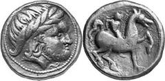 KELTEN MITTLERE UND UNTERE DONAU Nachahmungen der Tetradrachmen und Teilstücke Philipps II. Objekt-Nr.: 1038 Typ mit Perlenkette Tetradrachme, (13,58 g.), Vs.: Bärtiger Kopf mit Perlhalsband und Perlo