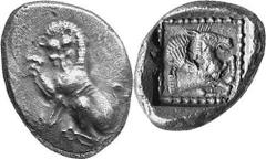 GRIECHEN LYKIEN Unbestimmt. Objekt-Nr.: 1451 Stater, (9,26 g.), ca. 480 - 460 v. Chr. Mzst. Tlos(?). Vs.: Linkshin sitzender Löwe mit erhobener Pranke n. l. Rs.: Quadratisches Incusum mit Perlrahmen, 
