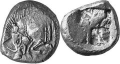 GRIECHEN LYKIEN Unbestimmt. Objekt-Nr.: 1456 Stater, (9,00 g.), ca. 500 / 480 v. Chr. Mzst. unbestimmt Vs.: Eberprotome l. mit Perlstab an der Schulter und Zierleistenabschluß. Rs.: Unregelmäßiges Inc