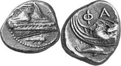 GRIECHEN LYKIEN PHASELIS Objekt-Nr.: 1469 Stater, (10,30 g.), 4. Jh. v. Chr. Vs.: Schiffsbug n. r., darunter Delfin. Rs.: Schiffsheck n. l., darunter Delfin, oben FA. SNG Aulock 4397 (dieses Exemplar)