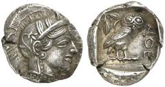 GRIECHEN ATTIKA ATHEN Tetradrachme (17,09g). ca. 420 - 405 v. Chr. Vs.: Kopf der Athena mit attischem Helm und Lorbeerkranz n. r. Rs.: AΘE, Eule, Olivenzweig und Mondsichel. Starr Taf. 22f.; Flament G