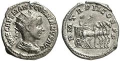 RÖMER RÖMISCHE KAISERZEIT Gordian III., 238 - 244 n. Chr. Antoninian (4,16g). 239 - 240 n. Chr. Mzst. Antiochia. Vs.: IMP CAES M ANT GORDIANVS AVG, drapierte Panzerbüste mit Strahlenkrone n. r. Rs.: P