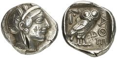 GRIECHEN ATTIKA ATHEN Tetradrachme (17,14g). nach 449 v. Chr. Vs.: Kopf der Athena mit attischem Helm und Lorbeerkranz n. r. Rs.: AΘE, Eule, Olivenzweig und Mondsichel. Starr Taf. 22f. Zarte Tönung, V