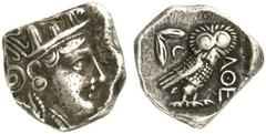 GRIECHEN ATTIKA ATHEN Tetradrachme (16,75g). 4. Jh. v. Chr. Vs.: Kopf der Athena mit attischem Helm n. r. Rs.: AΘE, Eule, Olivenzweig und Mondsichel. Svoronos Taf.20.3ff. Tönung, ss