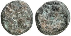 GRIECHEN ATTIKA ATHEN AE Bronzeimitation einer "Tetradrachme" (19,48g). Ende 5. Jh v. Chr. Vs.: Kopf der Athena mit attischem Helm und Lorbeerkranz n. r. Rs.: AΘE, Eule, Olivenzweig und Mondsichel. SN