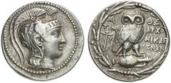 GRIECHEN ATTIKA ATHEN Tetradrachme des Neuen Stils (16,72g). 134/133 v. Chr. Vs.: Kopf der Athena mit attischem Helm nach r. Rs.: A-ΘE, Eule auf Amphora, Beamte: TIMAΡXOΥ / NIKAΓO / MENAN. Auf der Amp