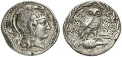GRIECHEN ATTIKA ATHEN Tetradrachme des Neuen Stils (16,66g). 121/120 v. Chr. Vs.: Kopf der Athena mit attischem Helm nach r. Rs.: A-ΘE, Eule auf Amphora, Beamte: KA-ΡAIX / EΡΓO-KΛE / ΦEIΔ, im Feld r. 
