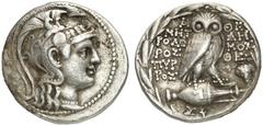 GRIECHEN ATTIKA ATHEN Tetradrachme des Neuen Stils (16,67g). 115/114 v. Chr. Vs.: Kopf der Athena mit attischem Helm n. r. Rs.: A-ΘE, Eule auf Amphora, Beamte: MHT/ΡOΔΩΡ/OΣ / ΔH/MOΣ/ΘE / ΠΥΡ/ΡOΣ, auf 