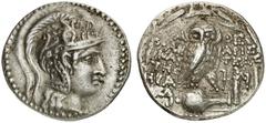 GRIECHEN ATTIKA ATHEN Tetradrachme des Neuen Stils (16,71g). 112/111 v. Chr. Vs.: Kopf der Athena mit attischem Helm nach r. Rs.: A-ΘE, Eule auf Amphora, Beamte: XAΡI/NAΥ/THΣ / AΡIΣ/TEAΣ / HΡA, im Fel