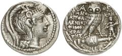 GRIECHEN ATTIKA ATHEN Tetradrachme des Neuen Stils (16,75g). 111/110 v. Chr. Vs.: Kopf der Athena mit attischem Helm nach r. Rs.: A-ΘE, Eule auf Amphora, Beamte: ΦANO-KΛHΣ / AΠOΛ/ΛΩNIOΣ / TIMO/KΡA/THΣ
