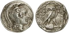 GRIECHEN ATTIKA ATHEN Tetradrachme des Neuen Stils (16,69g). 109/108 v. Chr. Vs.: Kopf der Athena mit attischem Helm nach r. Rs.: A-ΘE, Eule auf Amphora, Beamte: ΔA-MΩN / ΣΩΣI/KΡA/THΣ / KΡIT/ΩN, im Fe