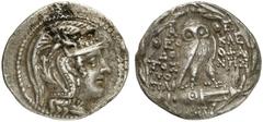 GRIECHEN ATTIKA ATHEN Tetradrachme des Neuen Stils, (16,57g). 106/105 v. Chr. Vs.: Kopf der Athena mit attischem Helm n. r. Rs.: A-ΘE, Eule auf Amphora mit Θ, unten AΠ. Beamte: ΘEO/ΔO/TOΣ / KΛE/OΦA/NT