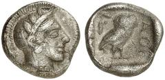 GRIECHEN ATTIKA ATHEN Drachme (4,00g). 479 - 393 v. Chr. Vs.: Kopf der Athena mit attischem Helm u. Lorbeerkranz n. r. Rs.: AΘE, Eule u. Olivenzweig. SNG Cop. 41 ff. Leichte Tönung, ss