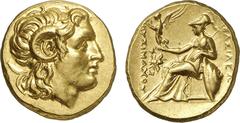 GRIECHEN THRAKISCHE KÖNIGE UND DYNASTEN Lysimachos, 305 - 281 v. Chr. Stater (8,48g). Mzst. Ephesos. Vs.: Kopf Alexanders d. Gr. n. r. Rs.: BAΣIΛEΩΣ ΛΥΣIMAXOΥ, Athena mit Nike n. l. thronend, l. Biene