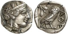 GRIECHEN ATTIKA ATHEN Tetradrachme (17,02g). nach 449 v. Chr. Vs.: Kopf der Athena mit attischem Helm und Lorbeerkranz n. r. Rs.: AΘE, Eule, Olivenzweig und Mondsichel. Starr Taf. 22f. Zarte Tönung, v