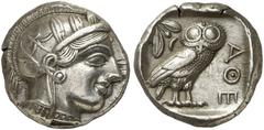 GRIECHEN ATTIKA ATHEN Tetradrachme (17,13g). nach 449 v. Chr. Vs.: Kopf der Athena mit attischem Helm und Lorbeerkranz n. r. Rs.: AΘE, Eule, Olivenzweig und Mondsichel. Starr Taf. 22f. vz