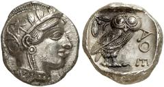 GRIECHEN ATTIKA ATHEN Tetradrachme (17,18g). nach 449 v. Chr. Vs.: Kopf der Athena mit attischem Helm und Lorbeerkranz n. r. Rs.: AΘE, Eule, Olivenzweig und Mondsichel. Starr Taf. 22f. vz