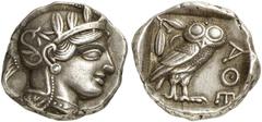 GRIECHEN ATTIKA ATHEN Tetradrachme (17,16g). nach 449 v. Chr. Vs.: Kopf der Athena mit attischem Helm und Lorbeerkranz n. r. Rs.: AΘE, Eule, Olivenzweig und Mondsichel. Starr Taf. 22f. Getönt, vz Erwo