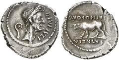 RÖMER RÖMISCHE REPUBLIK NACH 211 V. CHR Q. Voconius Vitulus, 40 v. Chr. oder später. Denar (4,04g). Mzst. Rom. Vs.: Kopf des Caesar mit Lorbeerkranz n. r., dahinter Lituus, davor DIVI IVLI. Rs.: Kalb 