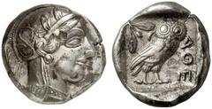 GRIECHEN ATTIKA ATHEN Tetradrachme (17,12g). nach 449 v. Chr. Vs.: Kopf der Athena mit attischem Helm und Lorbeerkranz n. r. Rs.: AΘE, Eule, Olivenzweig und Mondsichel. Starr Taf. 22f. Tönung, Vs. kle