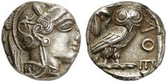 GRIECHEN ATTIKA ATHEN Tetradrachme (16,63g). nach 449 v. Chr. Vs.: Kopf der Athena mit attischem Helm und Lorbeerkranz n. r. Rs.: AΘE, Eule, Olivenzweig und Mondsichel. Starr Taf. 22ff. Tönung, gutes 