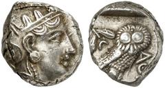 GRIECHEN ATTIKA ATHEN Tetradrachme (17,21g). 4. Jh. v. Chr. Vs.: Kopf der Athena mit attischem Helm n. r. Rs.: AΘE, Eule, Olivenzweig und Mondsichel. Svoronos Taf. 20.3 ff. Tönung, gutes ss