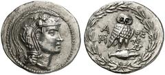 GRIECHEN ATTIKA ATHEN Tetradrachme des Neuen Stils (16,38g). 184/183 v. Chr. Vs.: Kopf der Athena mit attischem Helm nach r. Rs.: A-ΘE, zwei Monogramme. Eule auf Amphore. Darunter zwei kleine Schlange