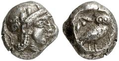 GRIECHEN ATTIKA ATHEN Hemidrachme (2,10g). 5. Jh. v. Chr. Vs.: Kopf der Athena mit attischem Helm n. r. Auf dem Helm Volutenornament und drei Olivenblätter. Rs.: Eule n. r., links oben Olivensproß, r.