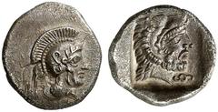 GRIECHEN LYKIEN DYNASTEN Erbbina (?) 1/6 Stater (1,49g). um 400 v.Chr. Mzst. Telmessos. Vs.: Athenakopf mit attischem Helm n. r. Rs.: Kopf des Herakles im Löwenskalp n. r., unter dem Kinn Diskeles. Vi