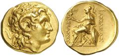 GRIECHEN THRAKISCHE KÖNIGE UND DYNASTEN Lysimachos, 305 - 281 v. Chr. Stater (8,51g). Mzst. unbestimmt. Vs.: Kopf Alexanders d. Gr. mit Diadem und Ammonshorn n. r. Rs.: BAΣIΛEΩΣ ΛΥΣIMAXOΥ, Athena mit 