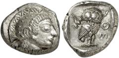 GRIECHEN ATTIKA ATHEN. Tetradrachme (17,58g). ca. 482-480 v. Chr. Vs.: Athenakopf mit attischem Helm n. r. Rs.: AΘE, Eule n. r. Dahin­ter Olivenzweig. Svoronos Taf. 4; Seltman Gruppe F, 141, Taf. VII.