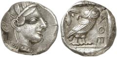 GRIECHEN ATTIKA ATHEN. Tetradrachme (17,09g). nach 449 v. Chr. Vs.: Kopf der Athena mit attischem Helm und Lorbeerkranz n. r. Rs.: AΘE, Eule, Olivenzweig und Mondsichel. Starr Taf. 22f. Vs. min. Doppe
