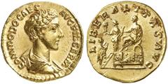RÖMER RÖMISCHE KAISERZEIT Commodus als Caesar, 166 - 177 n. Chr. Aureus (6,73g). 172 - 176 n. Chr. Mzst. Rom. Vs.: COMMODO CAES AVG FIL GERM, drapierte Büste n.r. Rs.: LIBERALITAS AVG, Commodus auf Pl