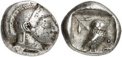 GRIECHEN ATTIKA ATHEN. Tetradrachme (17,24g). 500 - 483 v. Chr. Vs.: Athenakopf mit attischem Helm n. r. Rs.: AΘE, Eule n. r. Dahinter Oli­venzweig. Svoronos Taf. 4; Seltman Group G; SNG Cop. 18. ss
