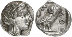 GRIECHEN ATTIKA ATHEN. Tetradrachme (17,09g). 4. Jh. v. Chr. Vs.: Kopf der Athena mit attischem Helm n. r. Rs.: AΘE, Eule, Olivenzweig und Mondsichel. Svoronos Taf. 19. Tönung, breiter Schrötling, Vs.