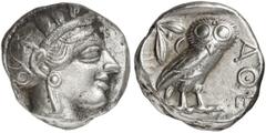 GRIECHEN ATTIKA ATHEN. Tetradrachme (17,05g). 4. Jh. v. Chr. Vs.: Kopf der Athena mit attischem Helm n. r. Rs.: AΘE, Eule, Olivenzweig und Mondsichel. Svoronos Taf. 19. Partiell dunkler Belag, brei­te