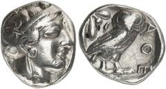 GRIECHEN ATTIKA ATHEN. Tetradrachme (15,74g). nach 449 v. Chr. Vs.: Kopf der Athena mit attischem Helm und Lorbeerkranz n. r. Rs.: AΘE, Eule, Olivenzweig und Mondsichel. Starr Taf. 22f. Subärat! Rs. G