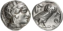GRIECHEN ATTIKA ATHEN. Tetradrachme (17,10g). 4. Jh. v. Chr. Vs.: Kopf der Athena mit attischem Helm n. r. Rs.: AΘE, Eule, Olivenzweig und Mondsichel. Svoronos Taf. 19. Tönung, gutes ss