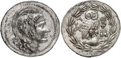 GRIECHEN ATTIKA ATHEN. Tetradrachme des Neuen Stils (16,29g). 154/153 v. Chr. Vs.: Kopf der Athena mit attischem Helm nach r. Rs.: A-ΘE, Eule auf Amphora, in den Feldern Monogramme und Dios­kurenmütze