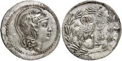 GRIECHEN ATTIKA ATHEN. Tetradrachme des Neuen Stils (15,66g). 154/153 v. Chr. Vs.: Kopf der Athena mit attischem Helm nach r. Rs.: A-ΘE, Eule auf Amphora, in den Feldern Monogramme und Dios­kurenmütze