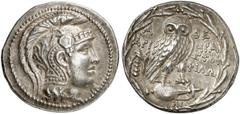 GRIECHEN ATTIKA ATHEN. Tetradrachme des Neuen Stils (16,68g). 136/35 v. Chr. Vs.: Kopf der Athena Parthenos mit reich verziertem Helm n. r. Rs.: A-ΘE /HΡA / AΡI- ΣTOΦ / ΦIΛΩ / HΡ, Eule auf Amphora n. 