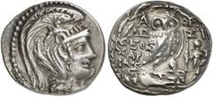 GRIECHEN ATTIKA ATHEN. Tetradrachme des Neuen Stils (16,49g). 100/99 v. Chr. Vs.: Kopf der Athena mit attischem Helm nach r. Rs.: A-ΘE, Eule auf Amphora, Beamte: ΔΩ-ΣI/ΘEOΣ / XAΡ/IAΣ / ΔION, im Feld r