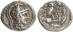 GRIECHEN ATTIKA ATHEN. Drachme (4,08g). 112/11 v. Chr. Vs.: Kopf der Athena mit attischem Helm n. r. Rs.: A-ΘE / XA-ΡIN / EΠI / AΡIΣ- TEAΣ, Eule auf Amphora sitzend, darunter A. Rechts De­meter mit zw