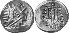 KELTEN MITTLERE UND UNTERE DONAU Nachahmungen der Tetradrachmen von Thasos Objekt-Nr.: 17 Klasse IV: Rippenlegende Tetradrachme, (15,81 g.), Vs.: Stark abstrahierter Kopf des Dionysos n. r. Rs.: Stili