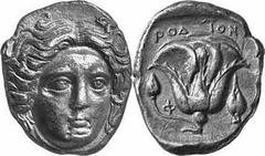 GRIECHEN KARISCHE INSELN RHODOS Objekt-Nr.: 223 Tetradrachme, (14,84 g.), 2. Viertel 4. Jh. v. Chr. Vs.: Kopf des Helios leicht n. r. gewandt. Rs.: Rose, darüber RODION, r. im Feld Gerstenkorn. D. Ber