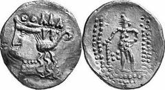 KELTEN MITTLERE UND UNTERE DONAU Nachahmungen der Tetradrachmen von Thasos Objekt-Nr.: 1083 Klasse V: Punktlegende Tetradrachme, (16,86 g.), Vs.: Sehr stark stilisierter Kopf des Dionysos nach links. 