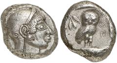 GRIECHEN ATTIKA ATHEN Tetradrachme (17,25g). Um 500 - 480 v. Chr. Vs.: Athena mit verziertem attischen Helm n. r. Rs.: AΘE, Eule im Quadratum incusum n. r. stehend, l. oben im Feld Olivenzweig. Seltma